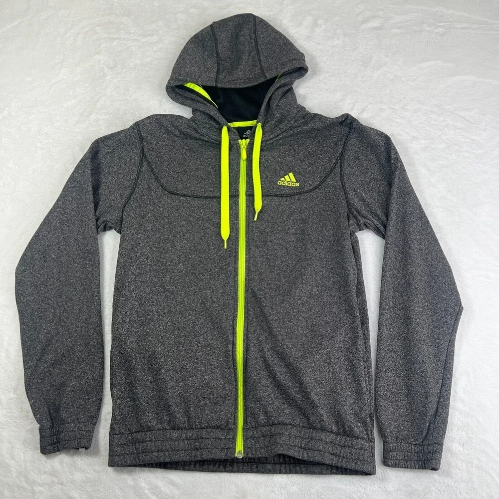 Adidas Performance Hoodie Men's M Gray Neon Yellow Full-Zip Hooded‎ Sweatshirt